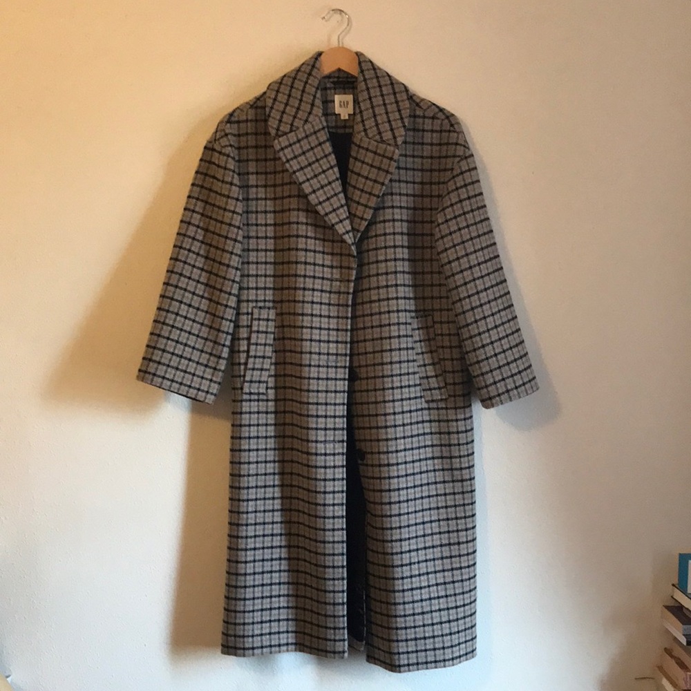 GAP Oversized Longline Plaid Wool Blend Jacket in Tan and Black size Medium